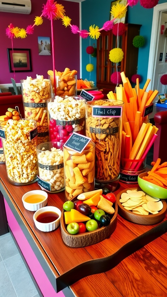 A delightful snack station with popcorn, chips, fruits, and dips displayed in clear containers on a wooden table.